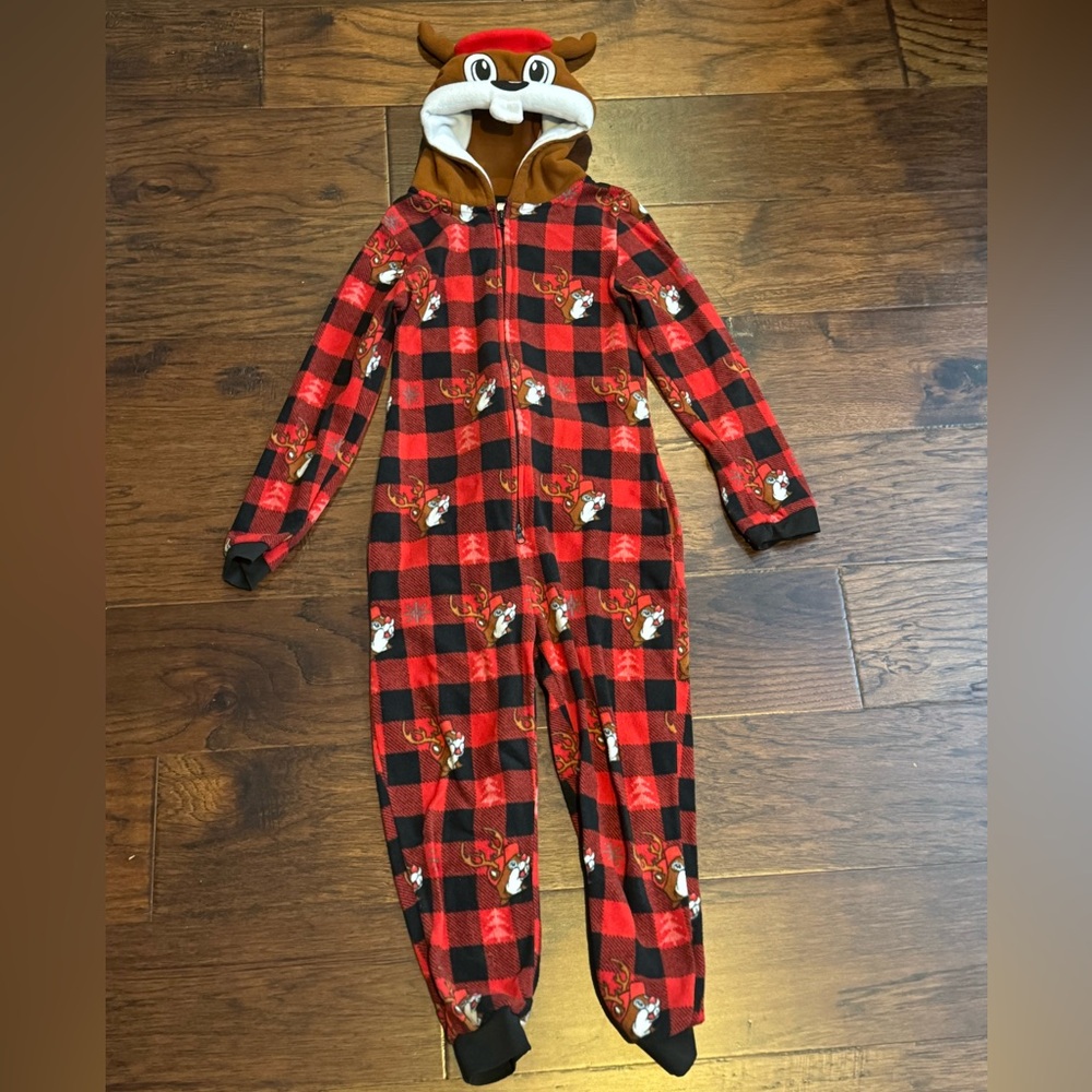 Buc-ees One Piece Hooded Christmas Pajamas Youth M/L Zip Front Beaver Onesie